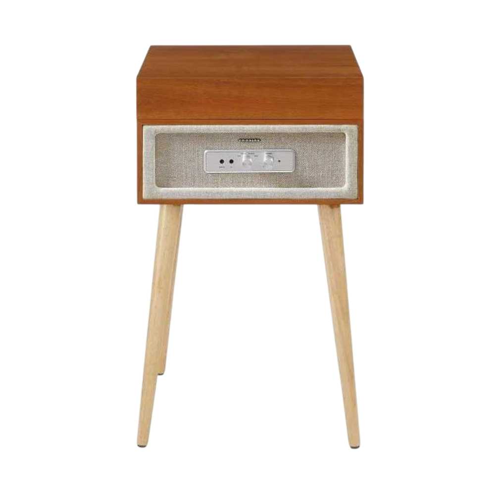 Crosley Rohe Turntable - Natural is shown with its lid closed, emphasizing the natural wood finish and front-facing control panel