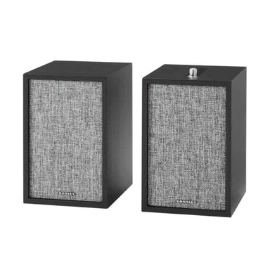 Crosley S200 Stereo Powered Speakers - Black, focusing on its 2.0 channel setup and a side control panel