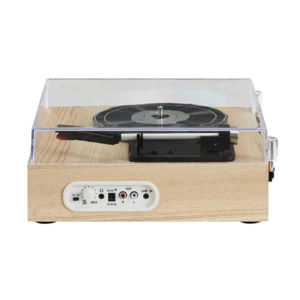 Crosley Scout Turntable - Natural displays its front view with a clear dust cover closed, showing the speed controls, inputoutput ports, and a wooden finish