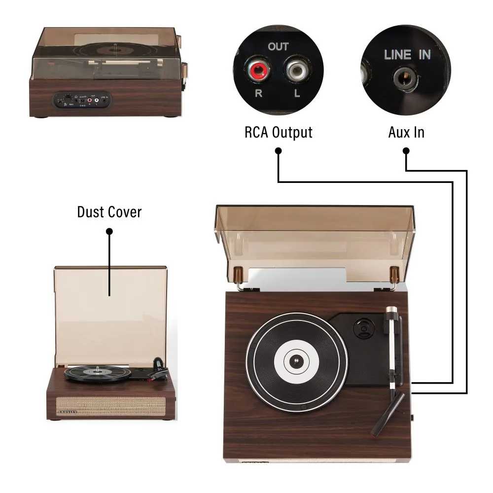 Crosley Scout Turntable - Walnut has multiple input and output options, including RCA outputs, an aux input, and a protective dust cover for the platter