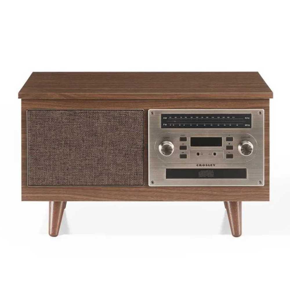 Crosley Serenade 8-In-1 Record Player - Walnut displays its front panel with a textured speaker grille and retro control knobs