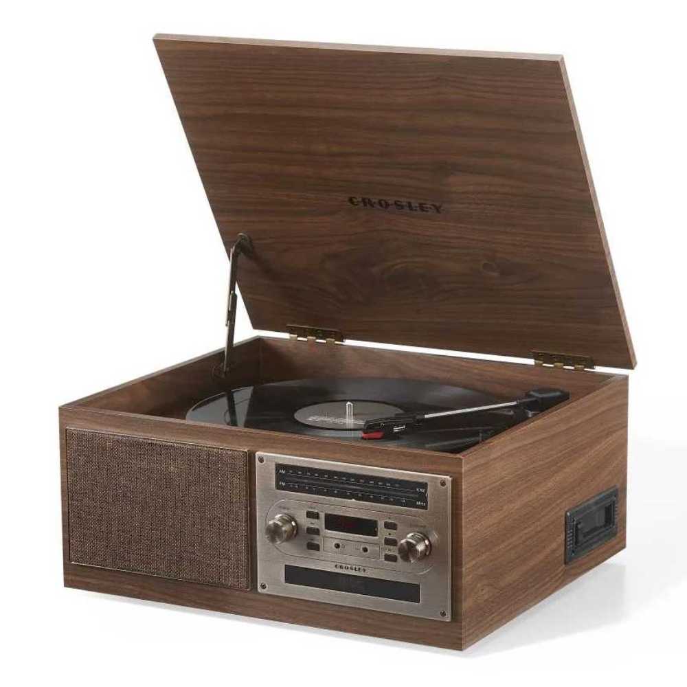 Crosley Serenade 8-In-1 Record Player - Walnut is shown open, displaying the turntable and front panel with speaker grille and control knobs