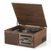 Crosley Serenade 8-In-1 Record Player - Walnut is shown open, displaying the turntable and front panel with speaker grille and control knobs