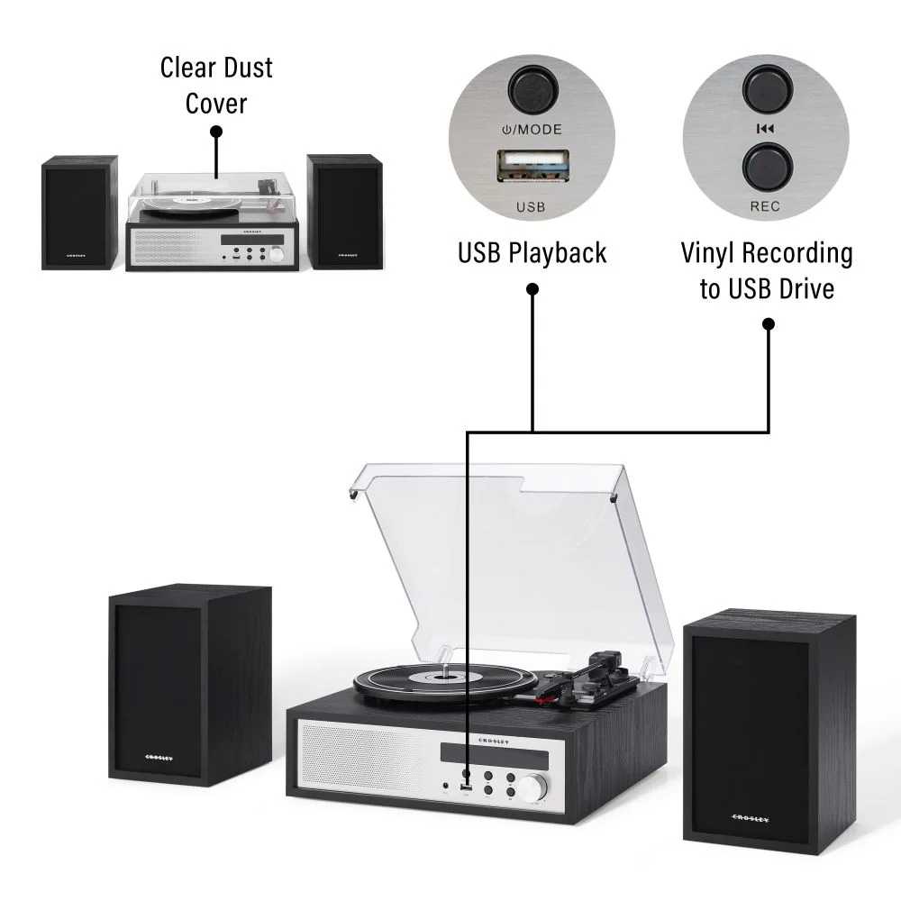 Crosley Sloane Shelf System - Black features a sleek turntable with a clear dust cover and two black matching speakers for vinyl playback