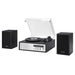 Crosley Sloane Shelf System - Black highlights its portability with matching speakers and a turntable