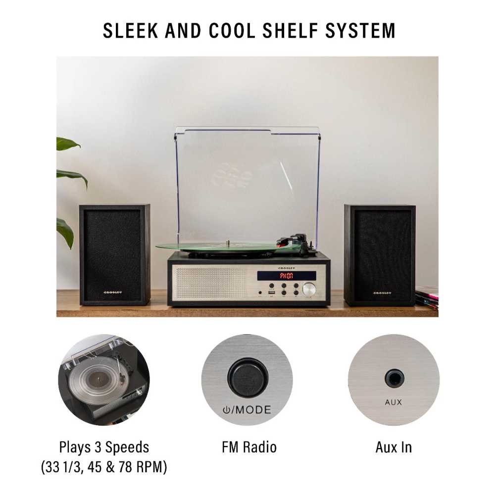 Crosley Sloane Shelf System - Black showcases three-speed vinyl playback, FM radio, and AUX input features for versatile listening