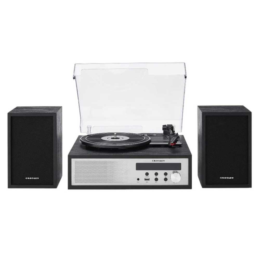 Crosley Sloane Shelf System - Black shows a modern design with clean lines, two speakers, and a turntable