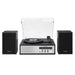 Crosley Sloane Shelf System - Black shows a modern design with clean lines, two speakers, and a turntable