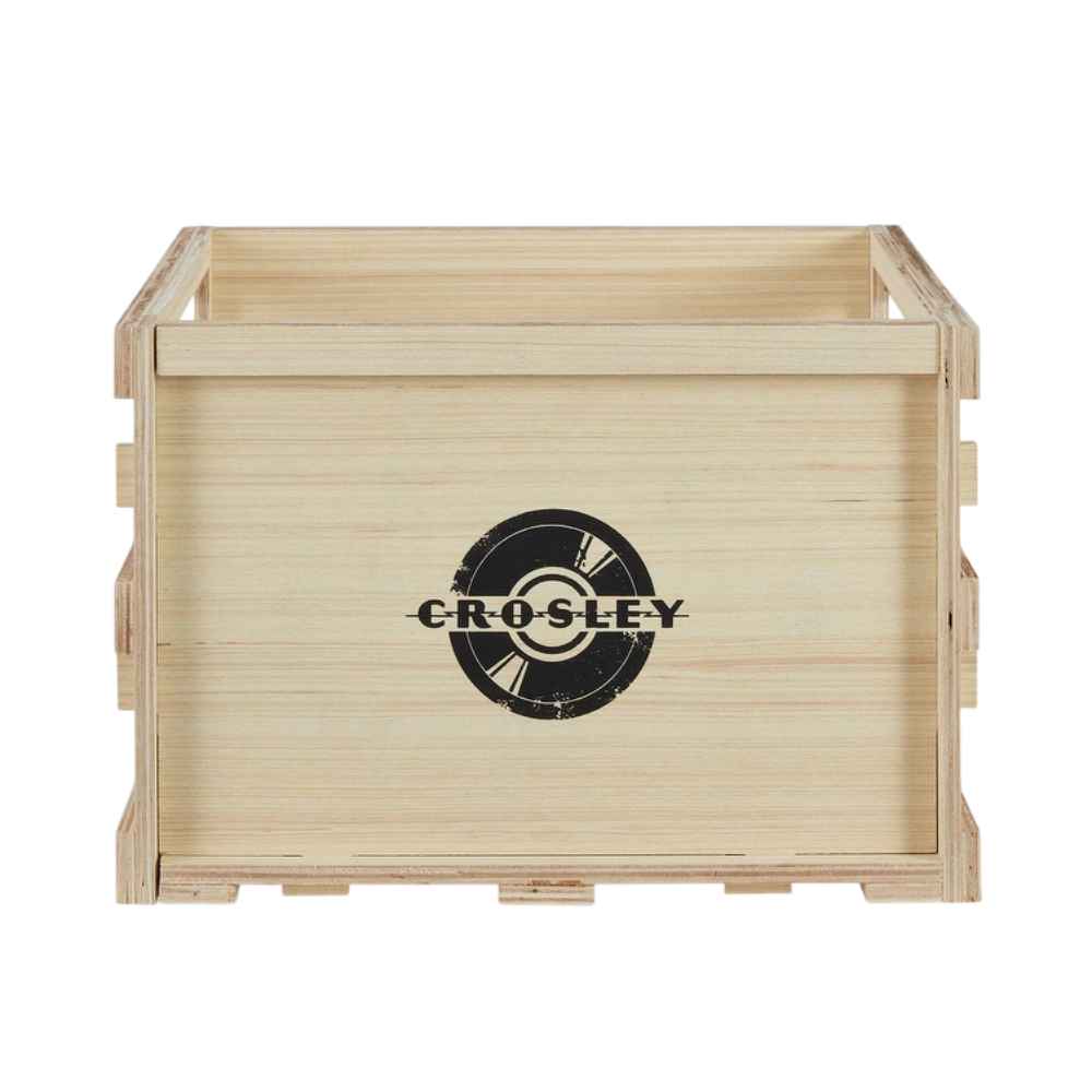 Crosley Square Vinyl Record Storage Crate - Natural is shown with a sturdy wooden design featuring the Crosley logo on the front panel