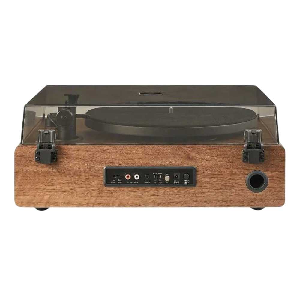 Crosley Stave Record Player - WalnutGold, viewed from the back, showcases its connectivity options with RCA inputs, outputs, and power settings