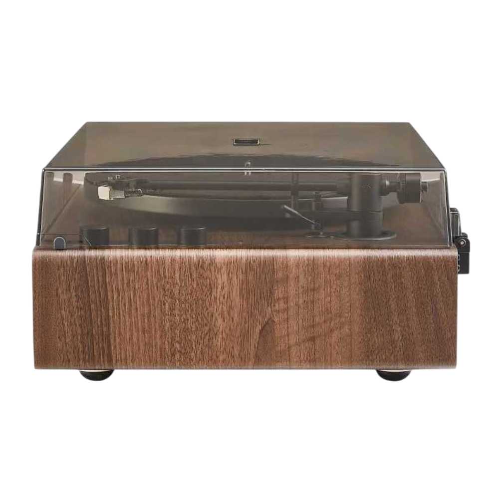 Crosley Stave Record Player - WalnutGold, viewed from the side, emphasizes its sturdy walnut body and clear dust cover