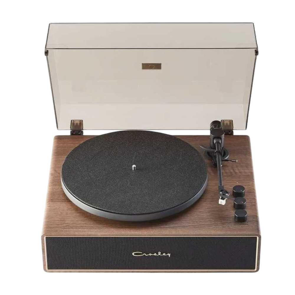 Crosley Stave Record Player - WalnutGold, viewed from the top, features a minimalist design with a clean turntable and simple control knobs