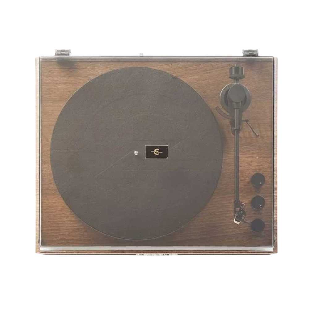 Crosley Stave Record Player - WalnutGold displays a top-down view with a clear cover