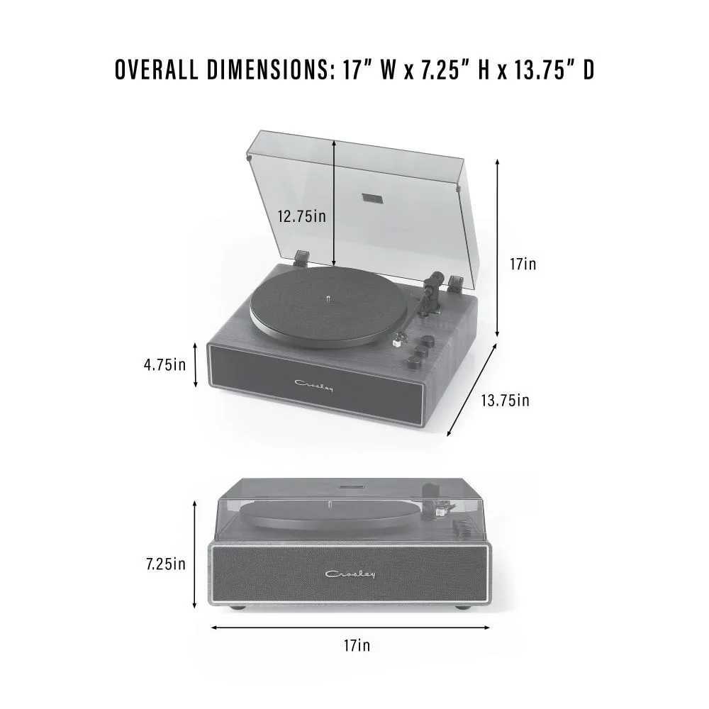 Crosley Stave Record Player - WalnutGold displays its compact dimensions, measuring 17 inches wide, 7.25 inches tall, and 13.75 inches deep