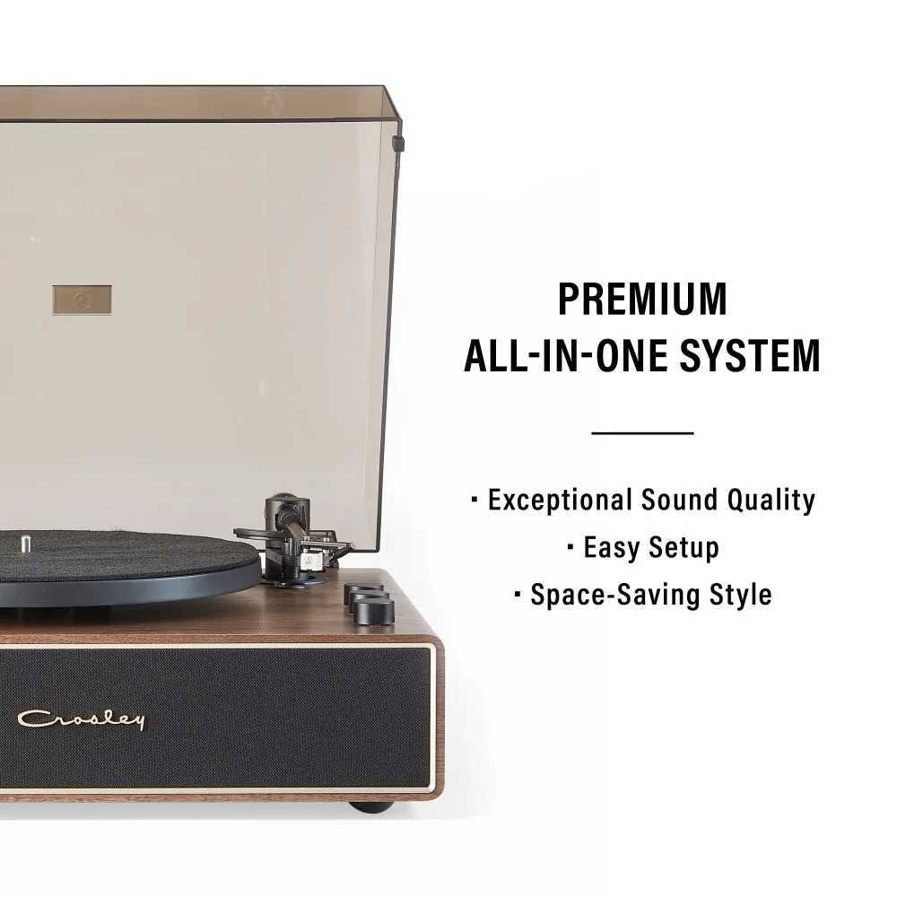 Crosley Stave Record Player - WalnutGold emphasizes its premium all-in-one system with features like exceptional sound quality, easy setup, and a space-saving design