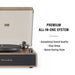Crosley Stave Record Player - WalnutGold emphasizes its premium all-in-one system with features like exceptional sound quality, easy setup, and a space-saving design