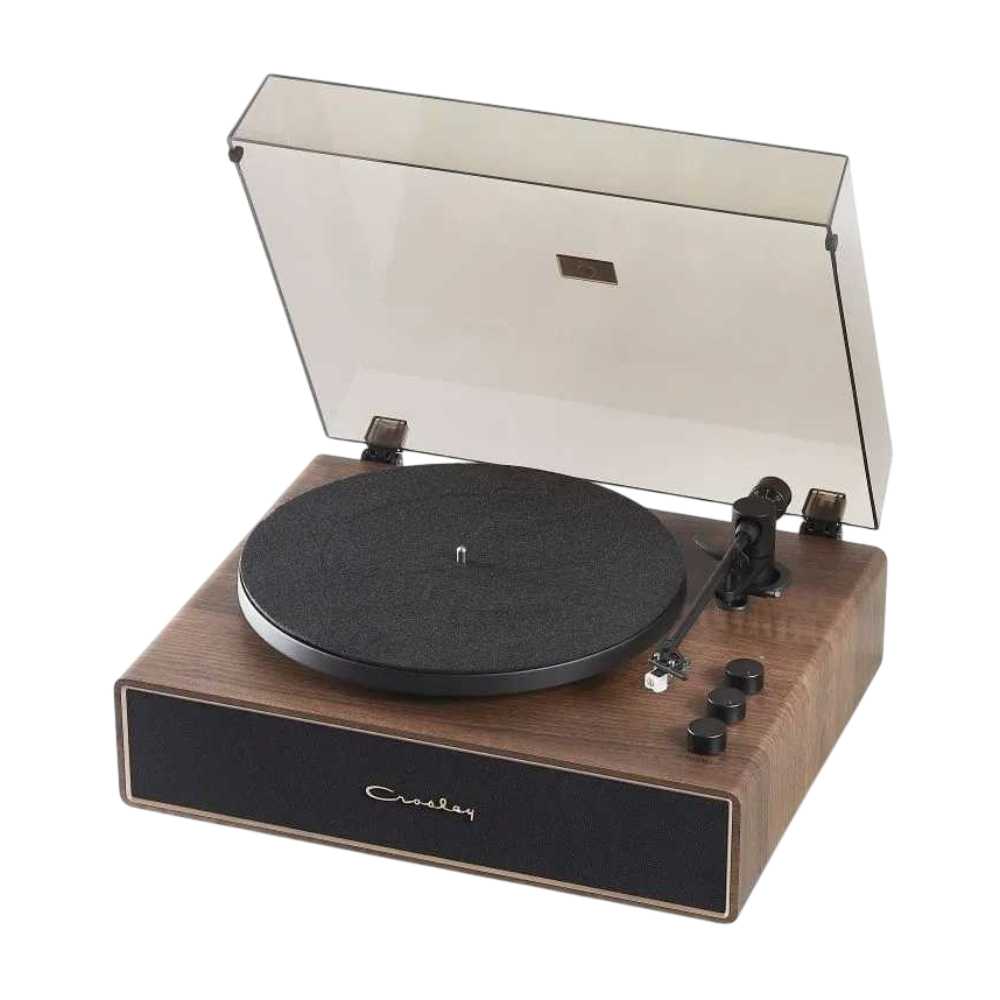 Crosley Stave Record Player - WalnutGold is angled with its dust cover open