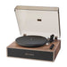 Crosley Stave Record Player - WalnutGold is elegantly displayed with its classic walnut finish and lifted dust cover