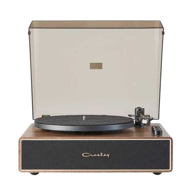 Crosley Stave Record Player - WalnutGold is shown head-on with the dust cover raised