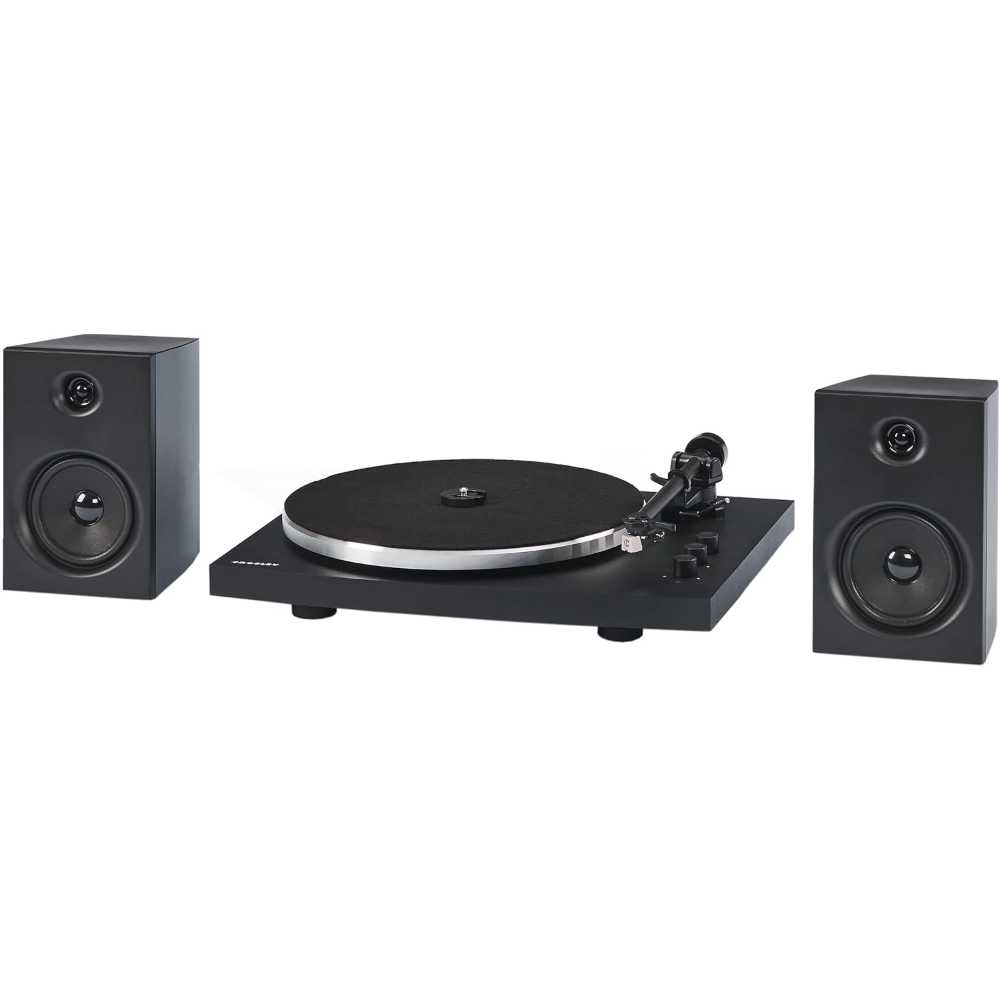 Crosley T150C Shelf System - Black in a side view, featuring the turntable setup with two black speakers symmetrically placed