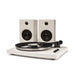 Crosley T150 T-Series Turntable System - White with a black vinyl record playing, both speakers upright behind the turntable