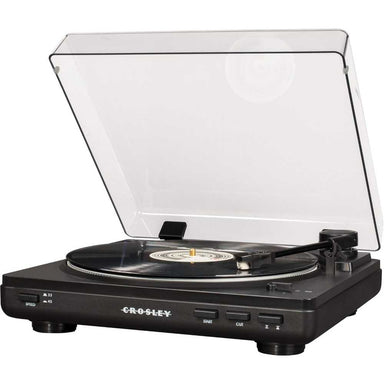 Crosley T400D Component Bluetooth Turntable - Black is displayed with a record spinning on its platter