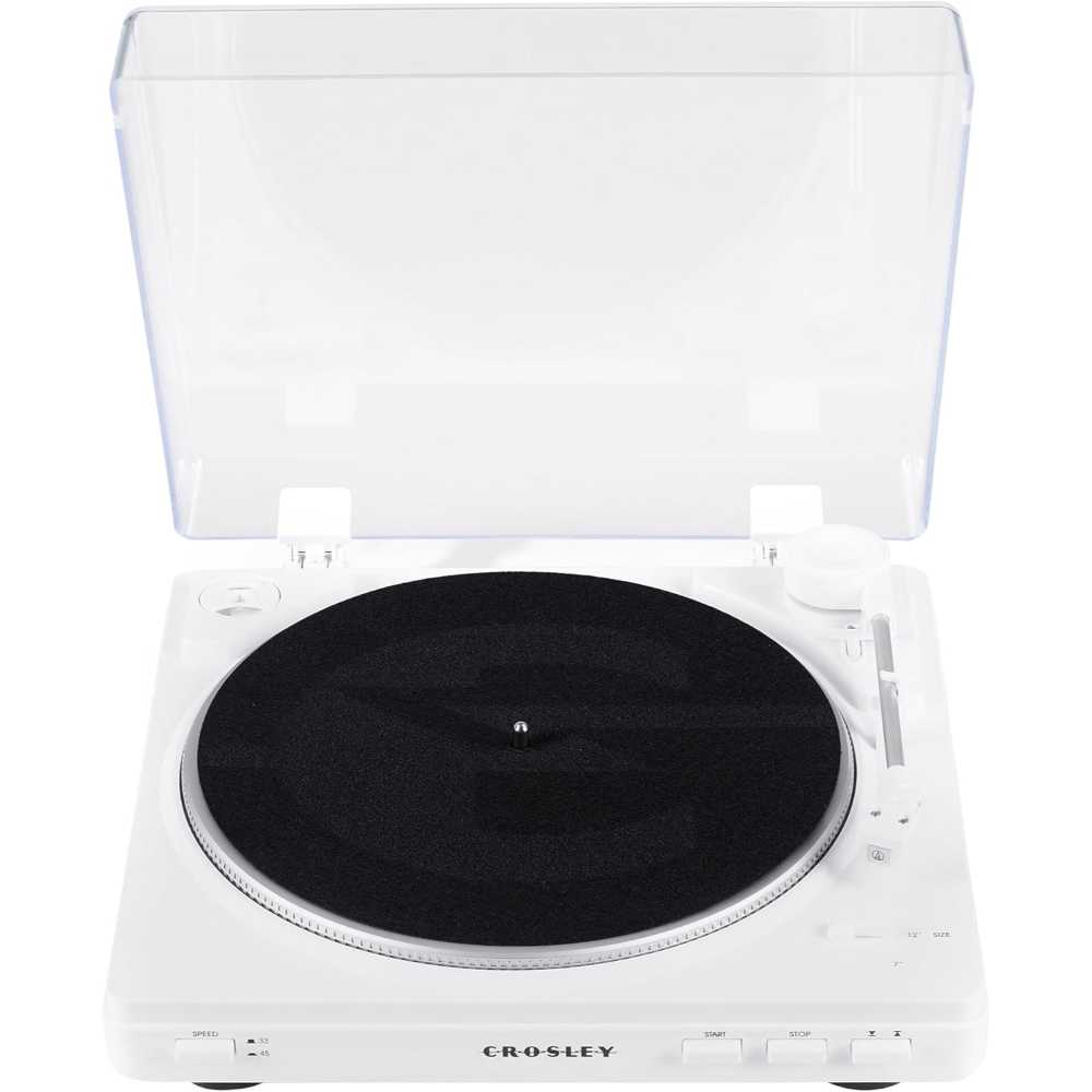 Crosley T400D Component Bluetooth Turntable - White, positioned with its dust cover raised