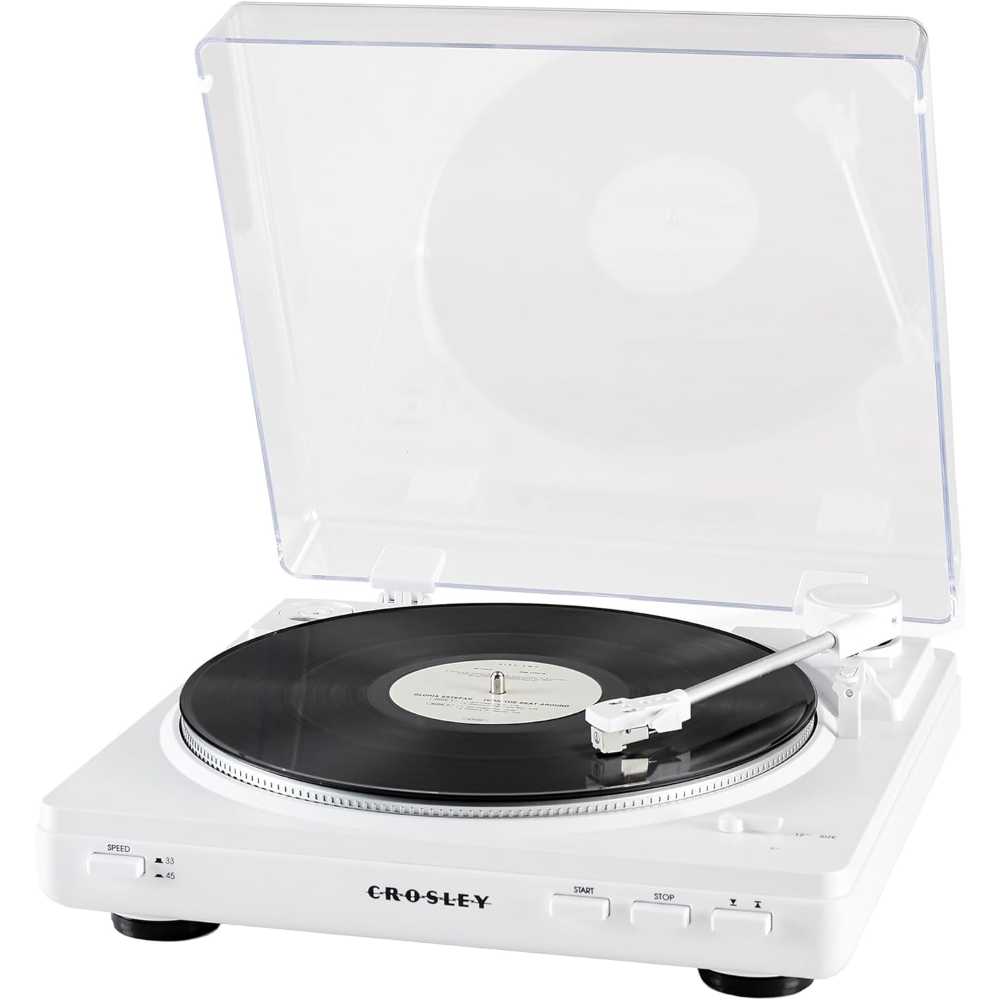 Crosley T400D Component Bluetooth Turntable - White is shown playing a vinyl record with its transparent dust cover open