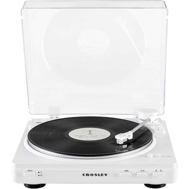 Crosley T400D Component Bluetooth Turntable - White plays a vinyl record with the dust cover open, showing its automatic tonearm and speed controls