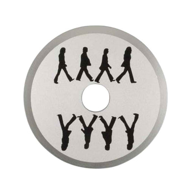 Crosley The BEATLES 45 Adapter - Abbey Road Mirror, a circular disc featuring silhouettes of The Beatles walking upright and inverted