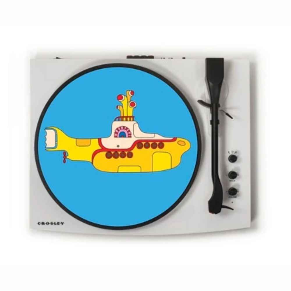 Crosley The BEATLES Platter Pad - Yellow Submarine placed on a white turntable, featuring the same colorful submarine design