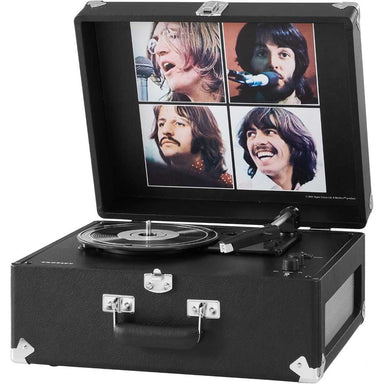 Crosley The Beatles Anthology Portable Bluetooth Turntable - Let It Be, open, emphasizes its portable yet stylish black design and Beatles-themed graphics inside the lid