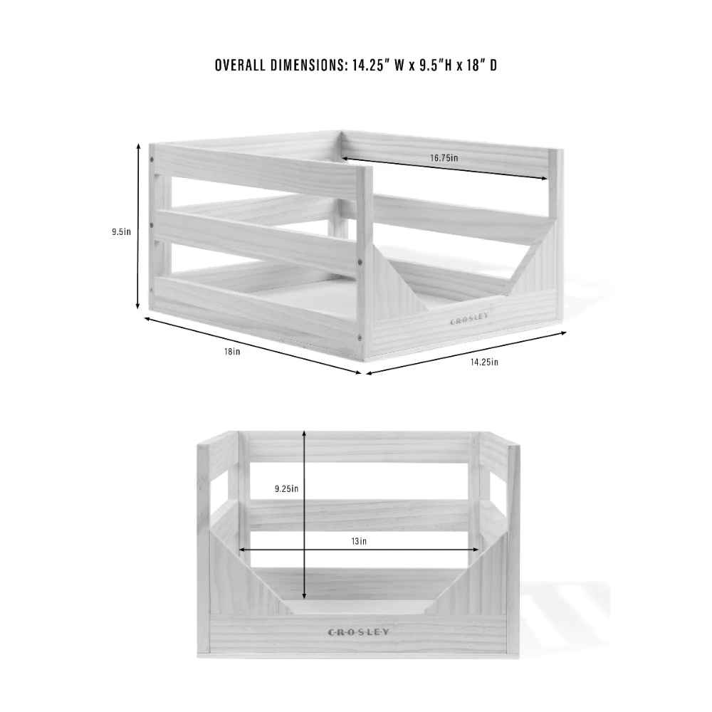 Crosley Vinyl Record Storage Crate - Natural is illustrated with measurements, detailing its spacious dimensions