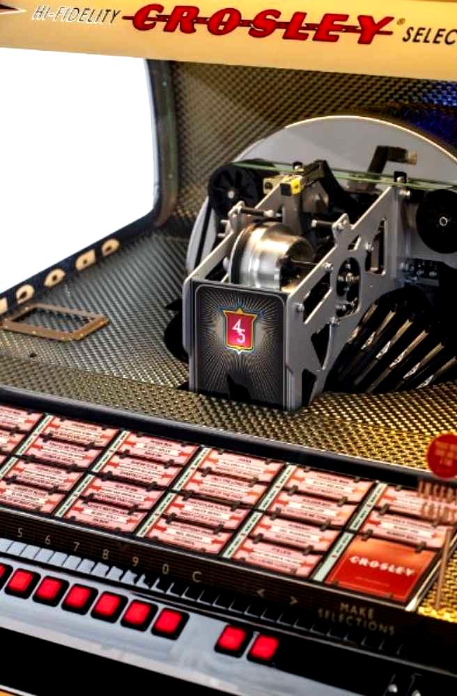 Crosley Vinyl Rocket Full-Size Jukebox - Black combines its intricate record player mechanism with a bold 45 emblem