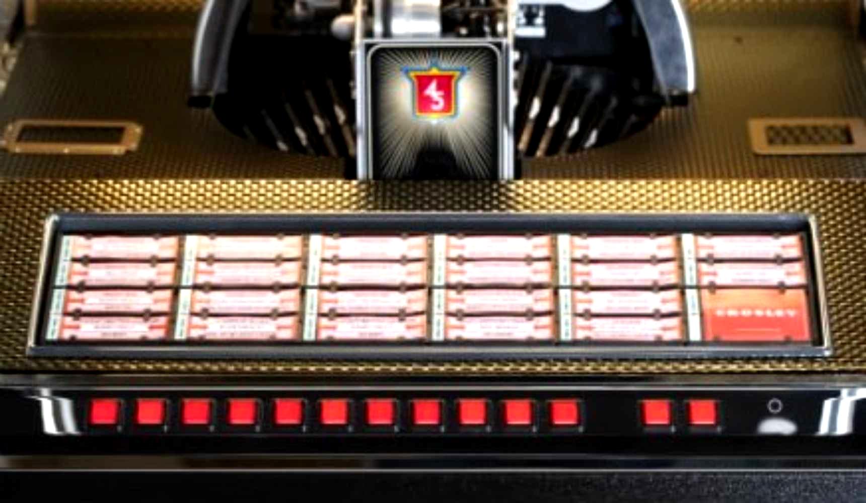 Crosley Vinyl Rocket Full-Size Jukebox - Black emphasizes its user interface, complete with red selection buttons and a grid of track options