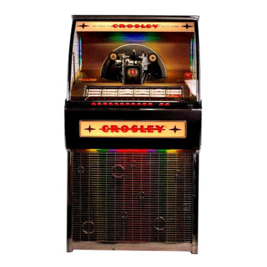Crosley Vinyl Rocket Full-Size Jukebox - Black stands tall with glowing Crosley branding and colorful details