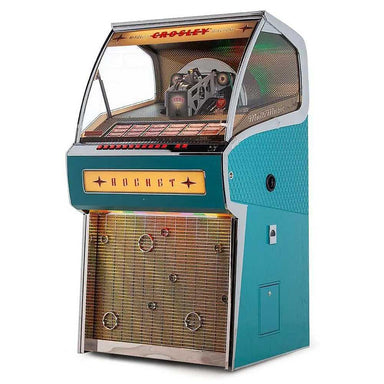 Crosley Vinyl Rocket Full-Size Jukebox - Turquoise features a curved glass top and bold metallic details