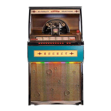 Crosley Vinyl Rocket Full-Size Jukebox - Turquoise showcases a classic design with a vibrant turquoise finish and retro lighting accents