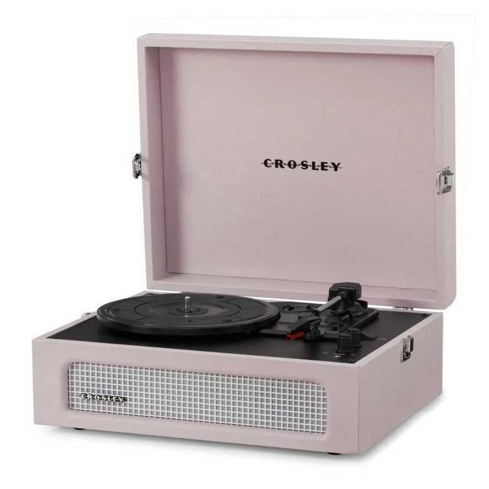 Crosley Voyager Portable Turntable with Bluetooth InOut - Amethyst is presented with an open lid, showcasing its turntable platter, controls, and minimalist aesthetic