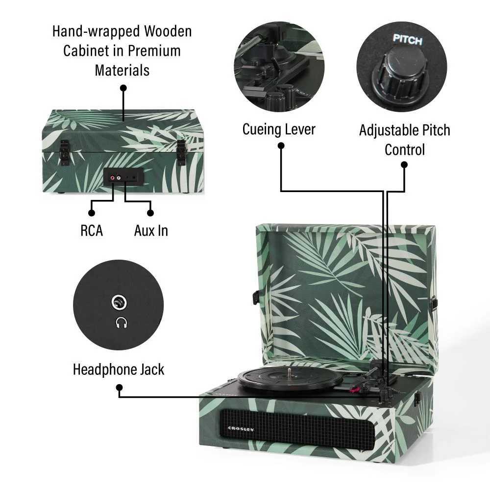 Crosley Voyager Portable Turntable with Bluetooth InOut - Botanical features premium hand-wrapped wood construction, RCA and aux inputs, and an adjustable pitch control