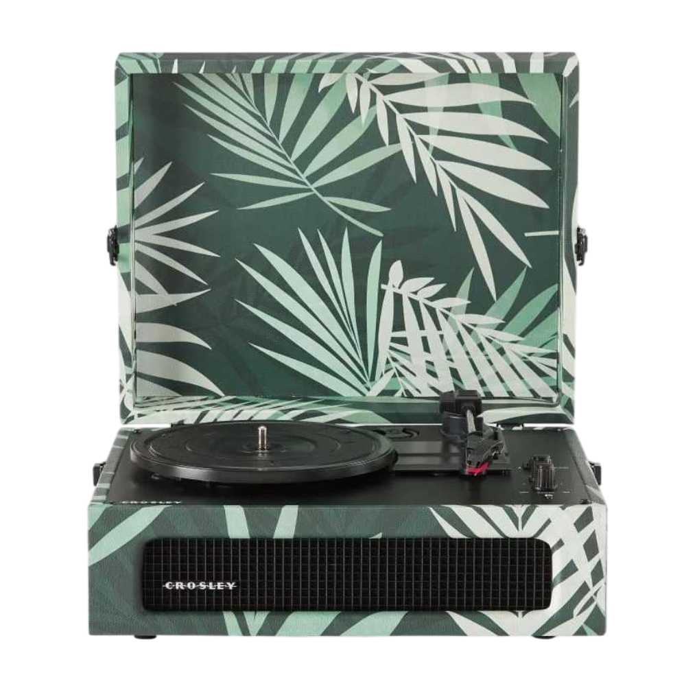 Crosley Voyager Portable Turntable with Bluetooth InOut - Botanical highlights a sleek design with vibrant green leaf patterns