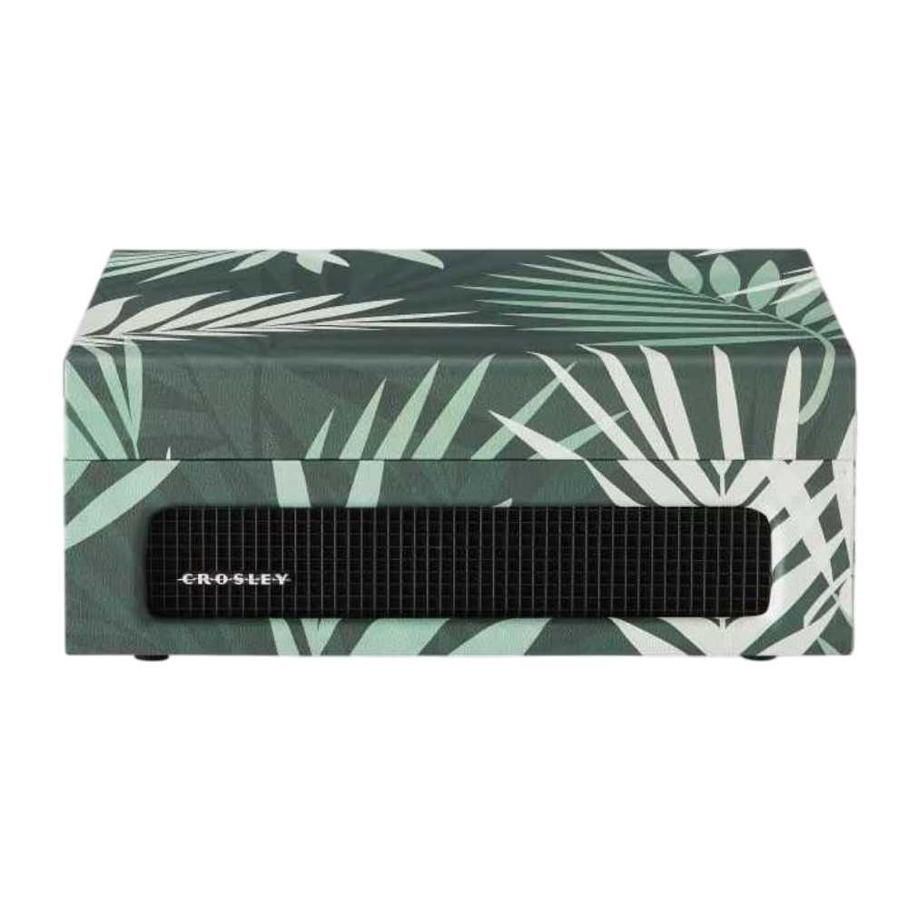 Crosley Voyager Portable Turntable with Bluetooth InOut - Botanical showcases a closed case with its tropical green leaf design and sleek built-in front speakers