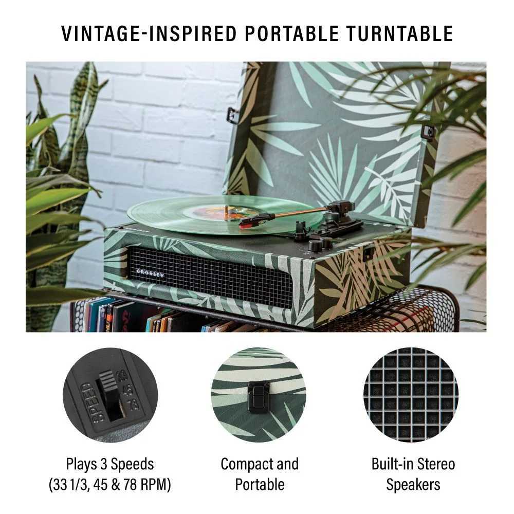 Crosley Voyager Portable Turntable with Bluetooth InOut - Botanical showcases a lush green botanical design with three-speed playback, compact portability, and built-in stereo speakers