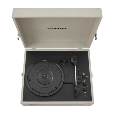 Crosley Voyager Portable Turntable with Bluetooth Out - Dune is open, showing its turntable platter and easy-to-use control panel