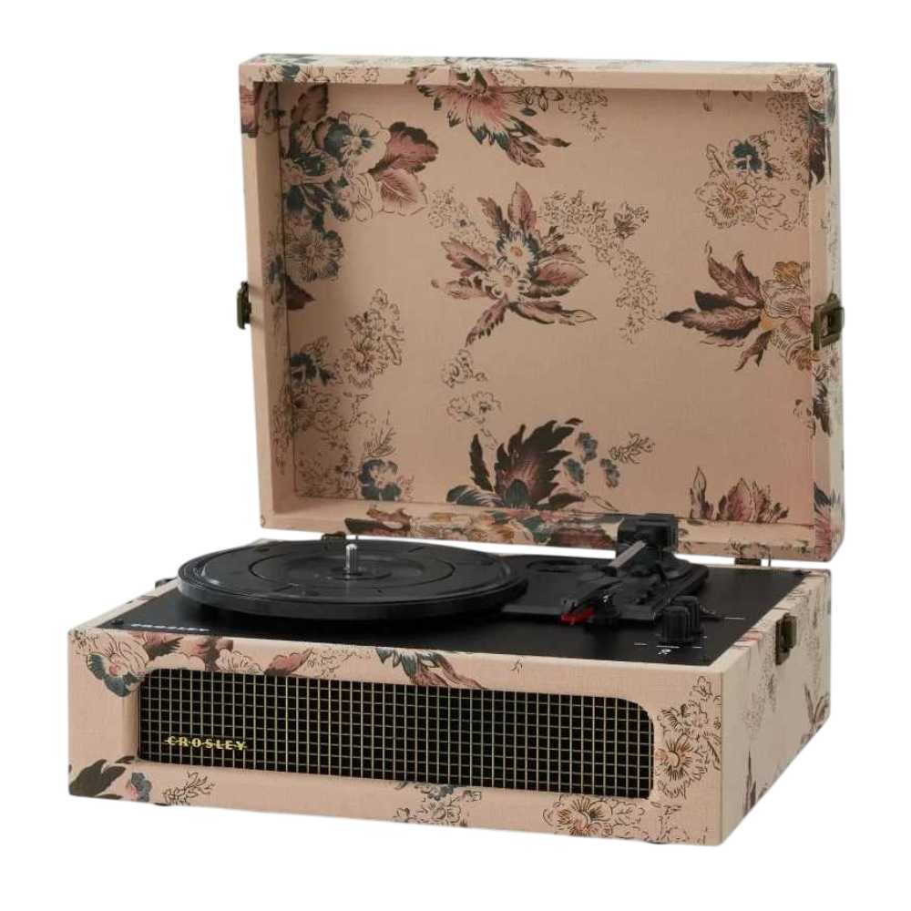 Crosley Voyager Portable Turntable with Bluetooth Out - Floral is shown with its floral design, compact size, and user-friendly record player features
