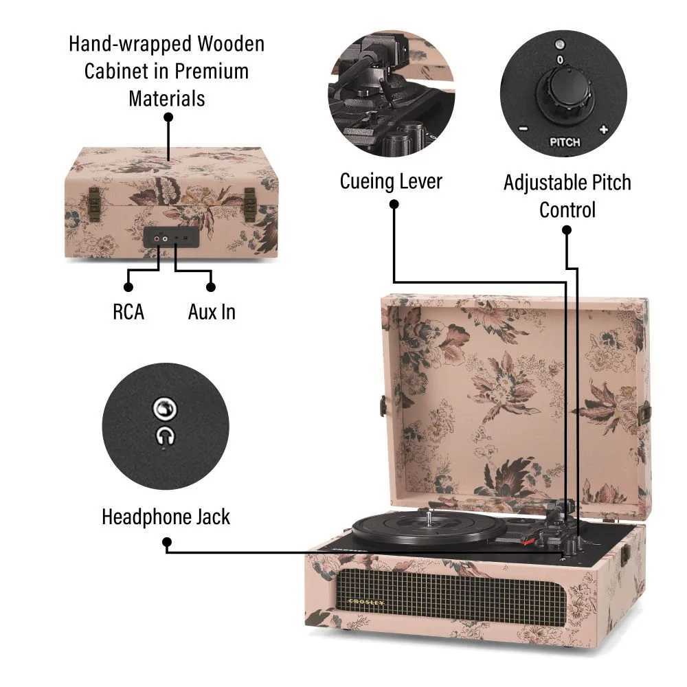 Crosley Voyager Portable Turntable with Bluetooth Out - Floral showcases its floral wooden case, pitch control, RCA and AUX ports, and a headphone jack