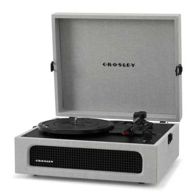 Crosley Voyager Portable Turntable with Bluetooth Out - Gray displays its elegant gray finish and compact, portable form with the lid open