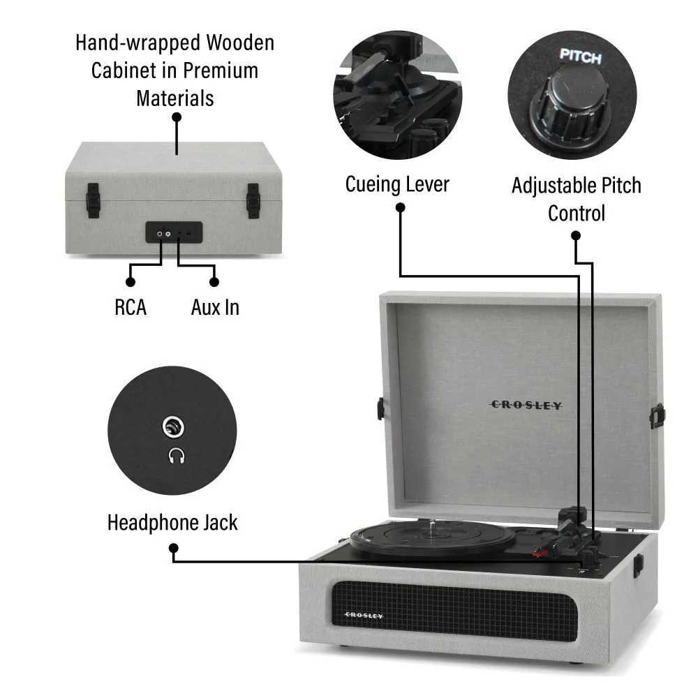 Crosley Voyager Portable Turntable with Bluetooth Out - Gray highlights its premium wooden cabinet, RCA outputs, and Aux input