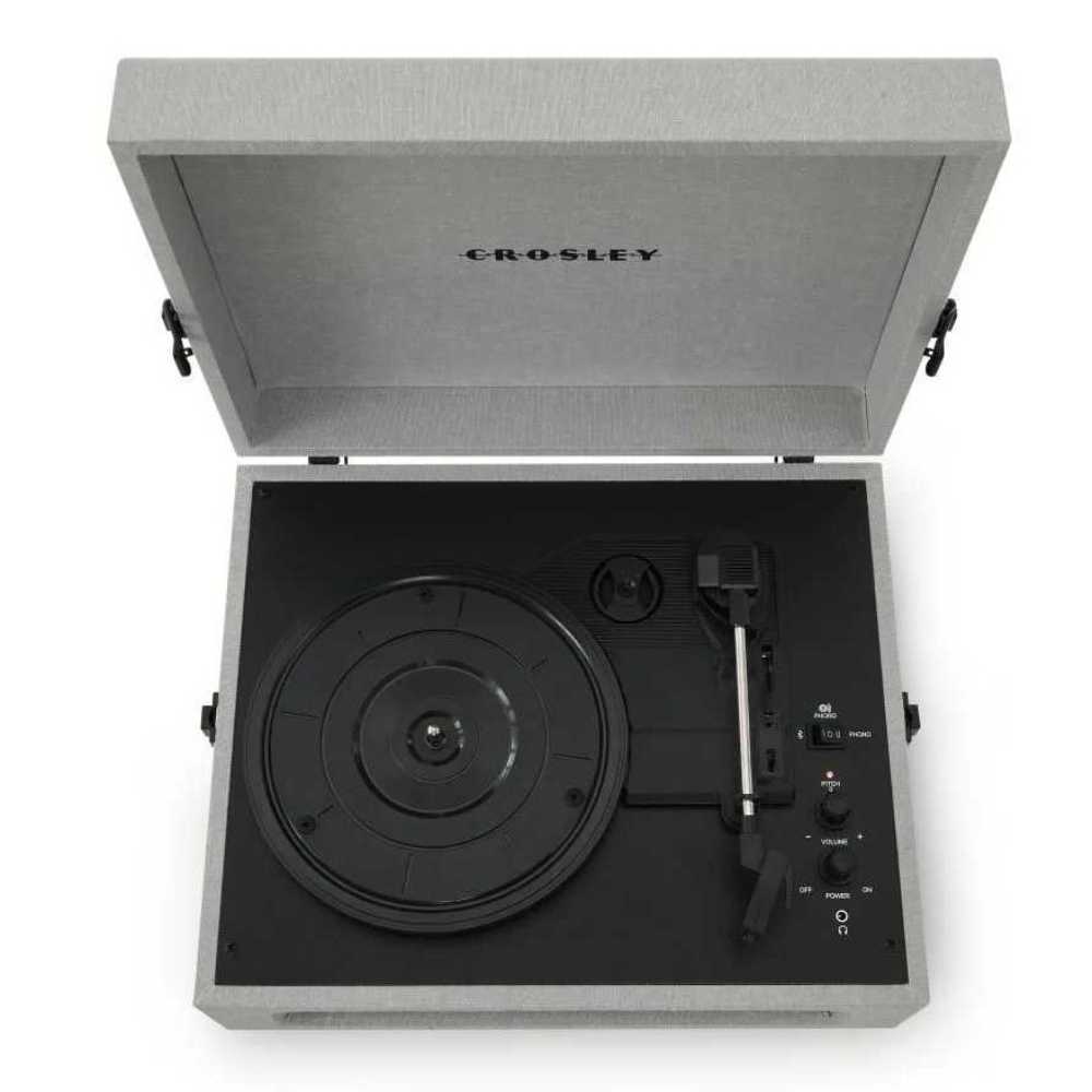 Crosley Voyager Portable Turntable with Bluetooth Out - Gray shows the open lid and turntable interior, featuring its platter, tonearm, and control panel