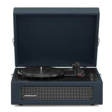 Crosley Voyager Portable Turntable with Bluetooth Out - Navy showcases a stylish navy-blue case with a front speaker grill